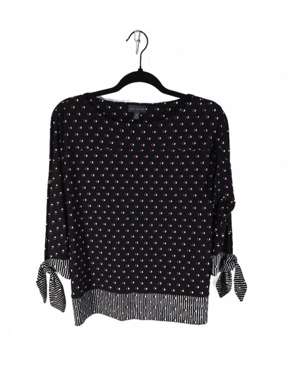 The Limited Black Patterned Blouse with Tie Sleeves & Striped Hem Petite Size M